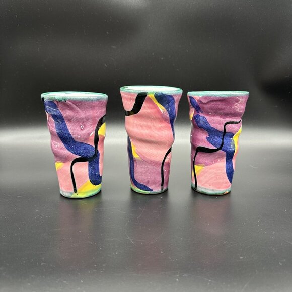 Art Pottery Tumblers Cups Redware Abstract Colorful Signed KE Handmade Painted - Picture 4 of 11